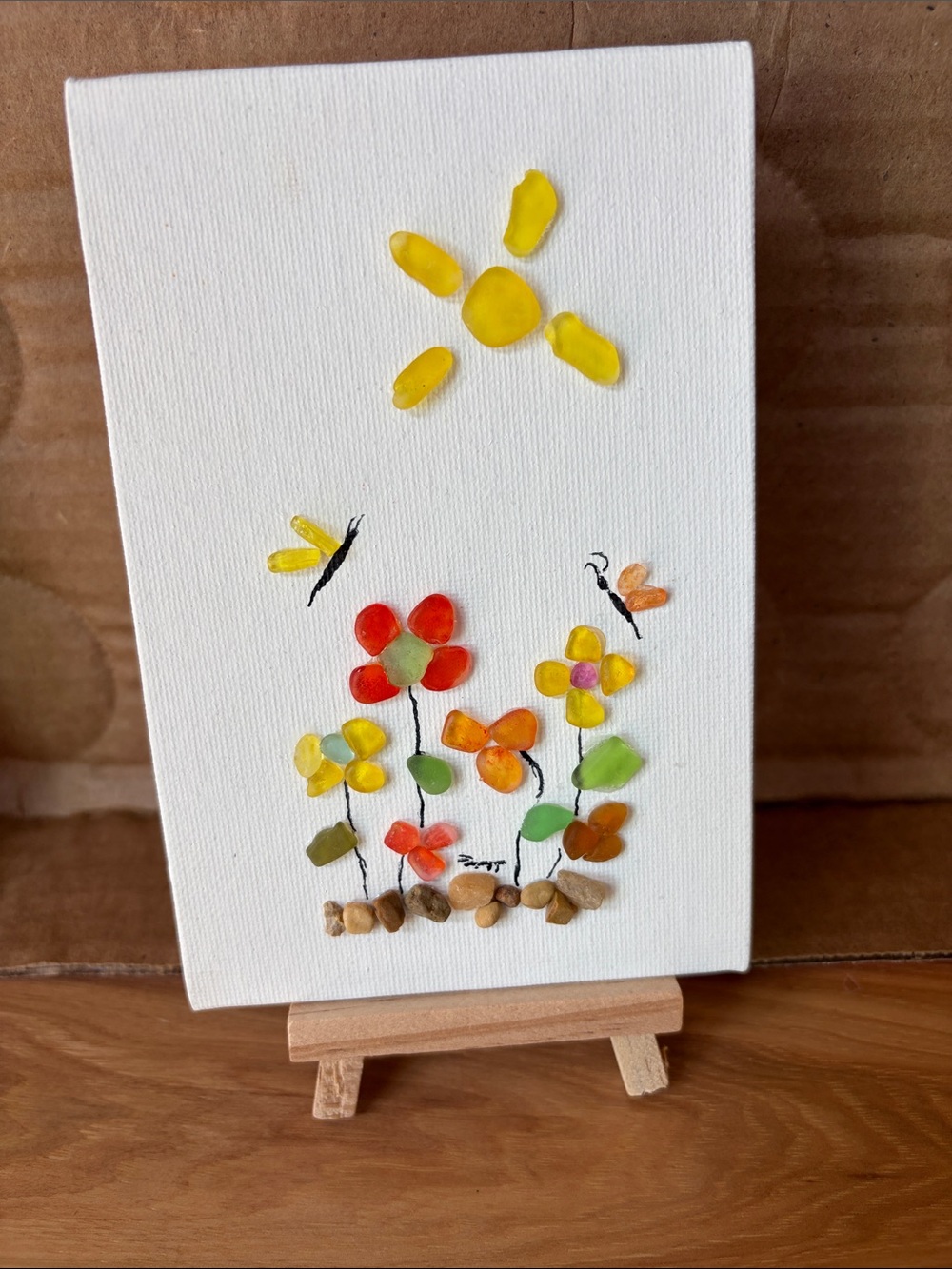 Handmade Yellow & Multicolor Sea Glass Flower Canvas - Unknown Brand